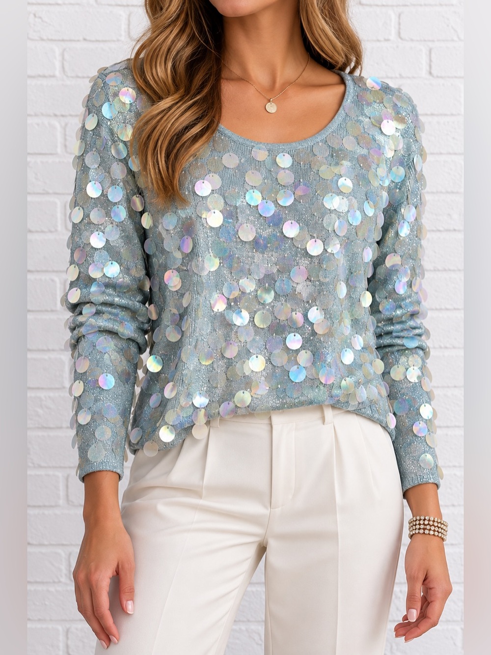 Vintage Y2K Joseph A Blue Silk Metallic Paillette Sequin Sweater M